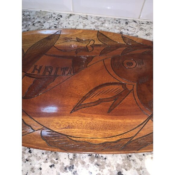 Vintage Haitian Haiti Fish Hand Carved Brown Wood Art Oval Tray Decor - Picture 4 of 7